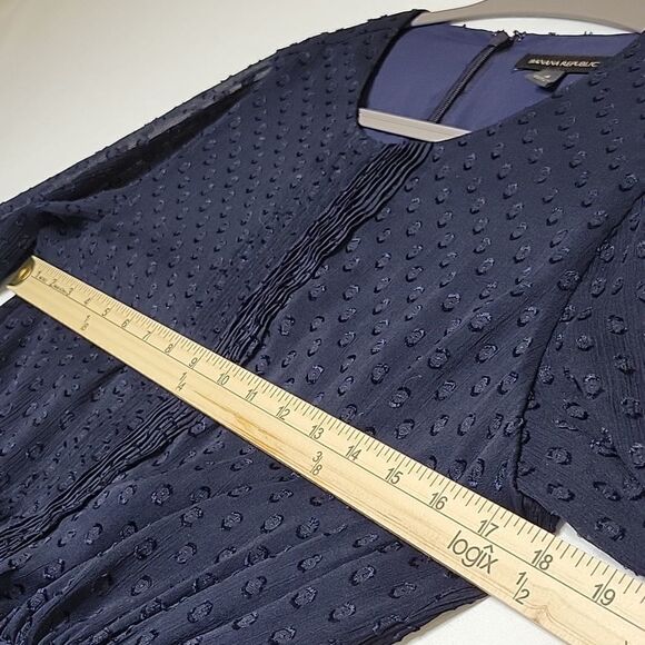 4 BANANA REPUBLIC CLASSIC CHIFFON SWISS DOT FLUTTER SLEEVE NAVY BLUE LINED DRESS - Picture 12 of 14